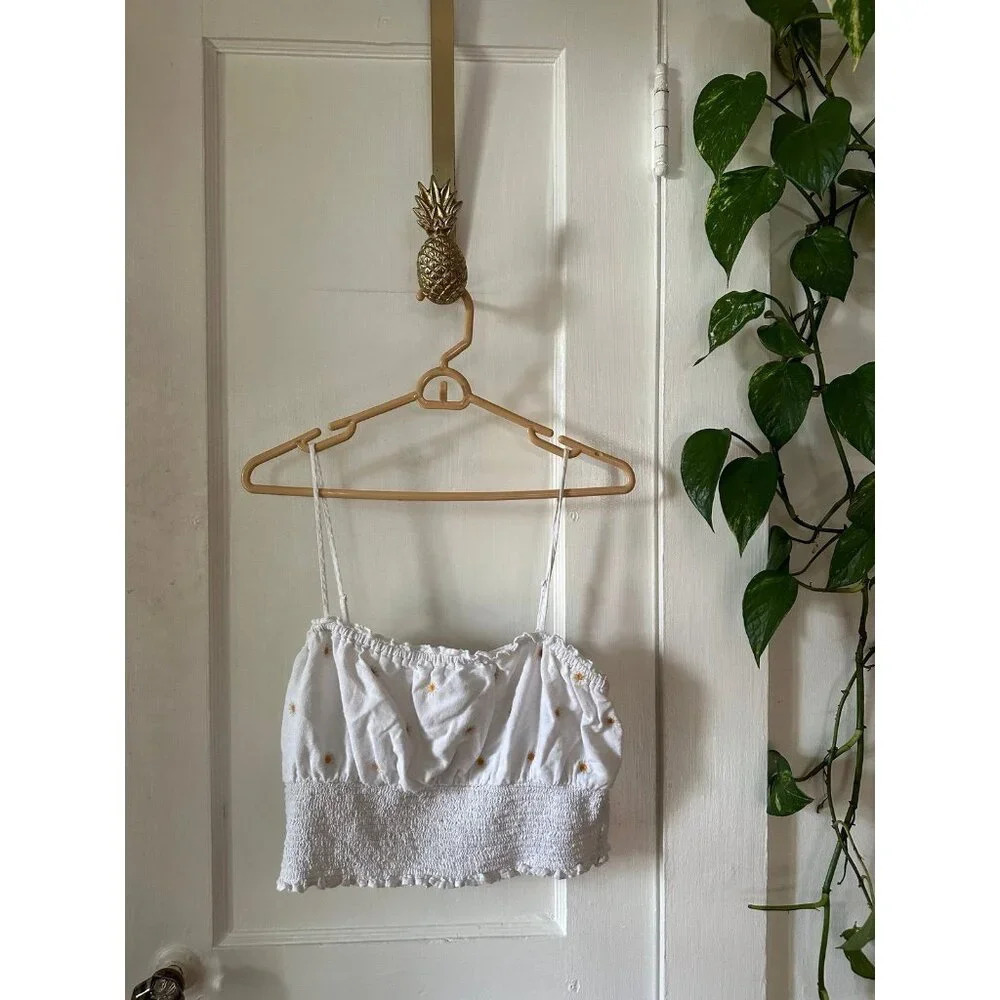 American Eagle Outfitters White Cropped Smocked Tube Tank with Yellow Embroidery